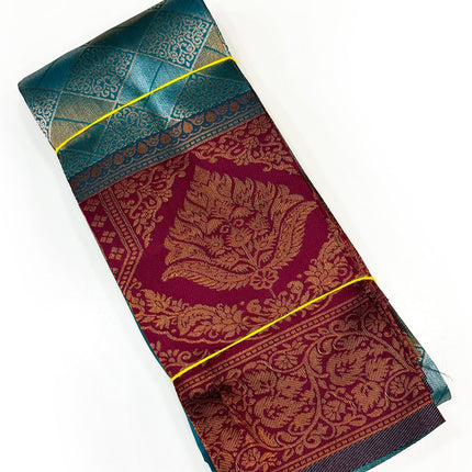 Regal Peacock Blue &amp; Crimson Zari Woven Silk Saree