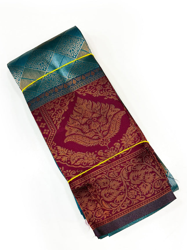 Regal Peacock Blue &amp; Crimson Zari Woven Silk Saree