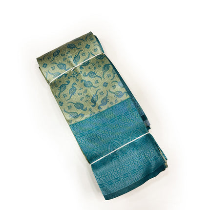 Opulent Olive Gold &amp; Peacock Blue Brocade Silk Saree