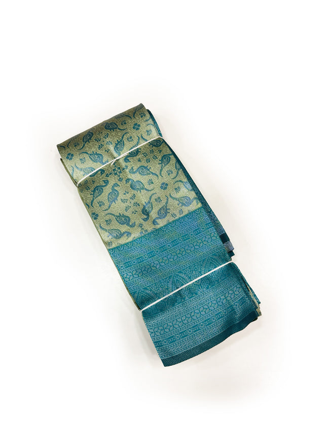 Opulent Olive Gold &amp; Peacock Blue Brocade Silk Saree