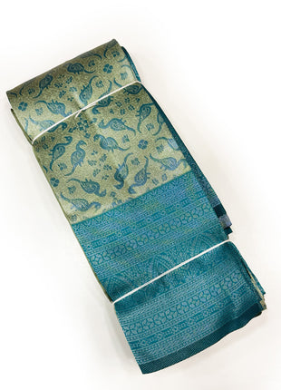 Opulent Olive Gold &amp; Peacock Blue Brocade Silk Saree