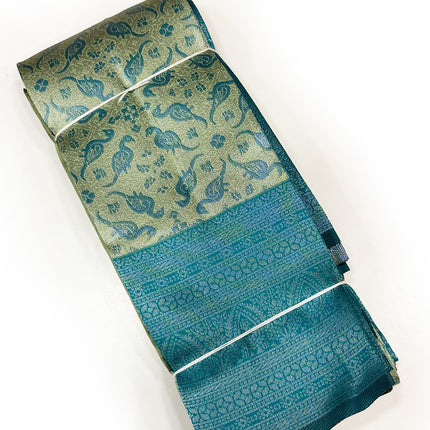 Opulent Olive Gold &amp; Peacock Blue Brocade Silk Saree