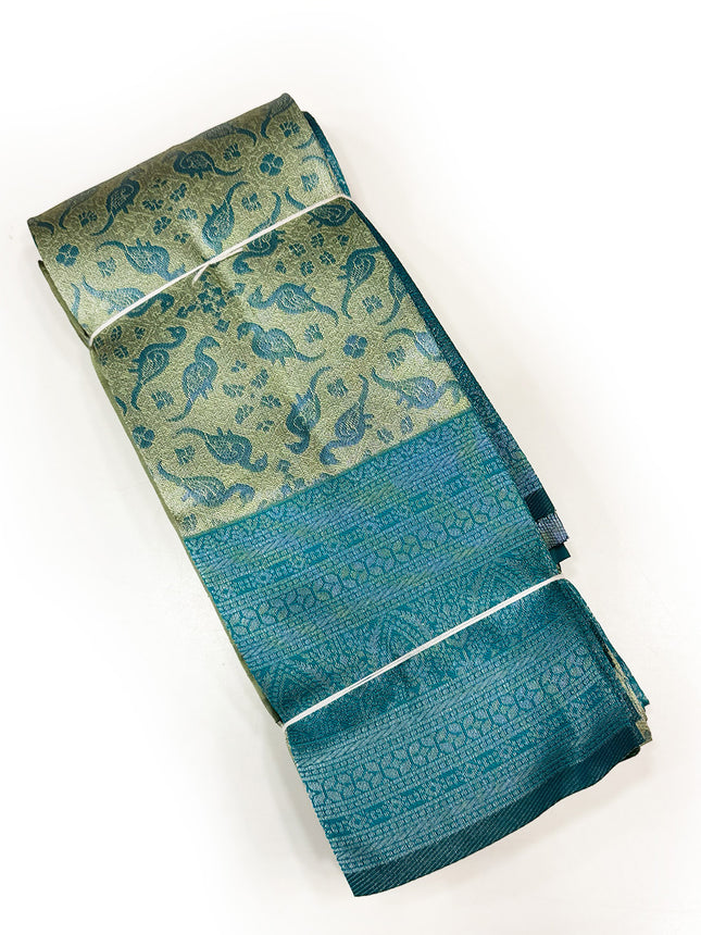 Opulent Olive Gold &amp; Peacock Blue Brocade Silk Saree