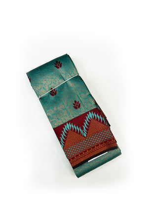 Stunning Peacock Teal &amp; Maroon Temple Border Silk Saree