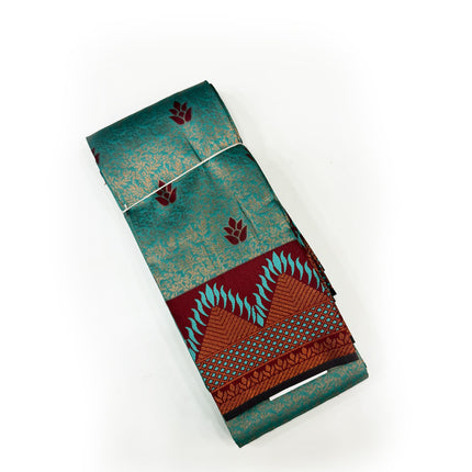 Stunning Peacock Teal &amp; Maroon Temple Border Silk Saree