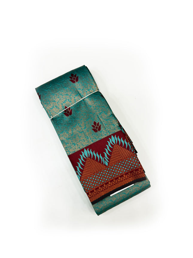 Stunning Peacock Teal &amp; Maroon Temple Border Silk Saree