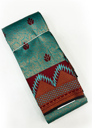 Stunning Peacock Teal &amp; Maroon Temple Border Silk Saree