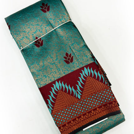 Stunning Peacock Teal &amp; Maroon Temple Border Silk Saree