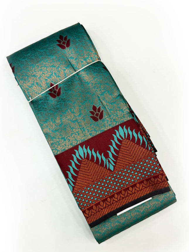 Stunning Peacock Teal &amp; Maroon Temple Border Silk Saree