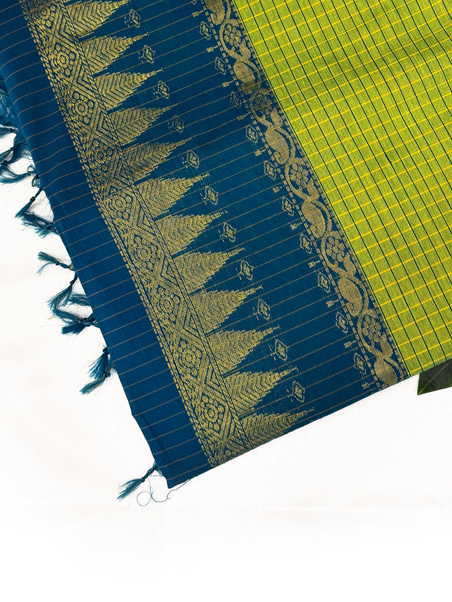 Premium Lime Green & Peacock Blue Kalyani Cotton Saree