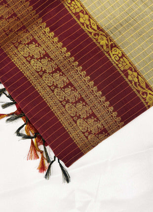 Premium Olive Beige &amp; Deep Maroon Kalyani Cotton Saree