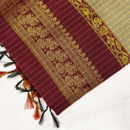 Premium Olive Beige &amp; Deep Maroon Kalyani Cotton Saree