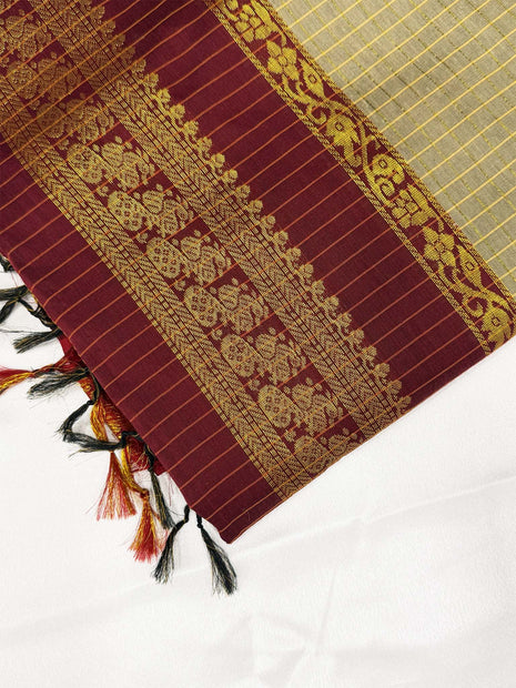 Premium Olive Beige &amp; Deep Maroon Kalyani Cotton Saree