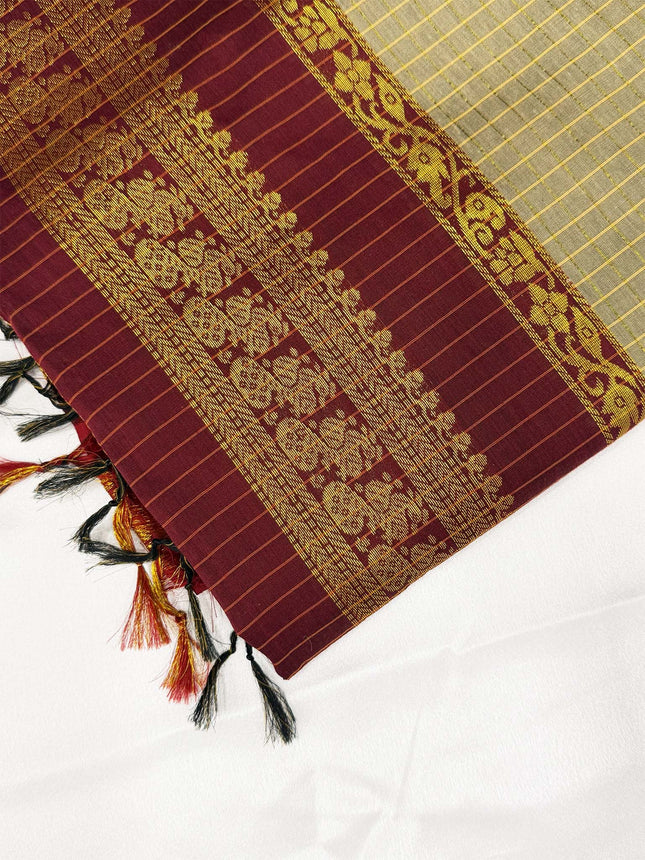 Premium Olive Beige &amp; Deep Maroon Kalyani Cotton Saree