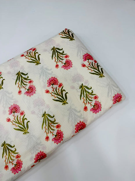 Off-White Pink Floral Hand-Block Printed running material