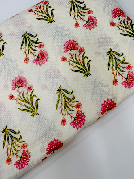 Off-White Pink Floral Hand-Block Printed running material