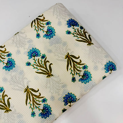Off-White Blue Floral Hand-Block Printed running material