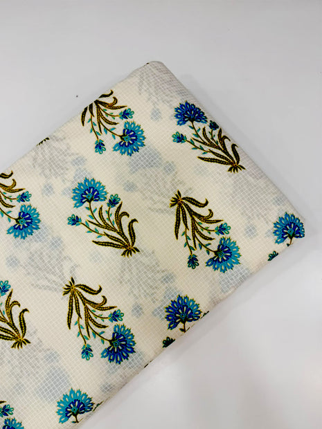 Off-White Blue Floral Hand-Block Printed running material