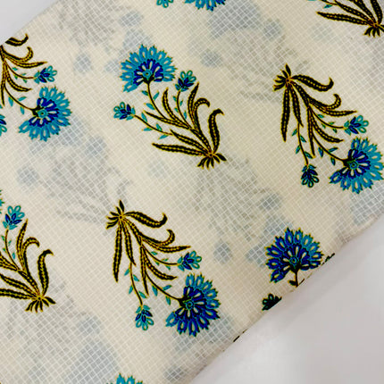 Off-White Blue Floral Hand-Block Printed running material