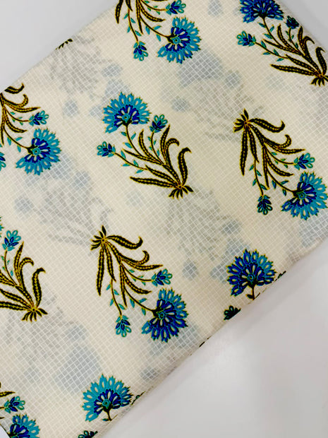 Off-White Blue Floral Hand-Block Printed running material