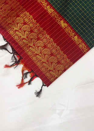 Premium Dark Bottle Green &amp; Crimson Red Kalyani Cotton Saree