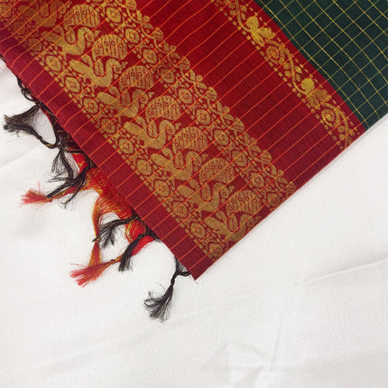 Premium Dark Bottle Green &amp; Crimson Red Kalyani Cotton Saree