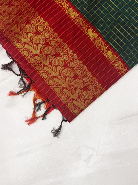 Premium Dark Bottle Green &amp; Crimson Red Kalyani Cotton Saree