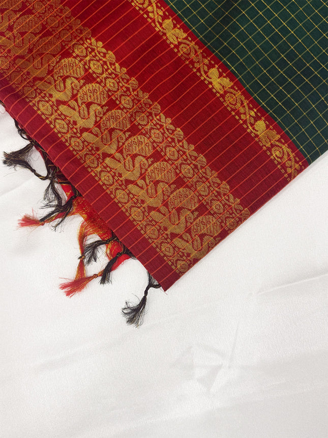 Premium Dark Bottle Green &amp; Crimson Red Kalyani Cotton Saree