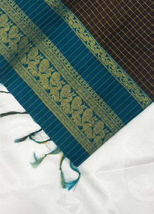 Premium Dark Chocolate Brown &amp; Peacock Blue Kalyani Cotton Saree