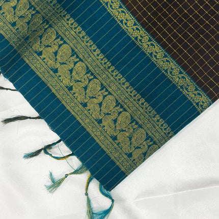 Premium Dark Chocolate Brown &amp; Peacock Blue Kalyani Cotton Saree