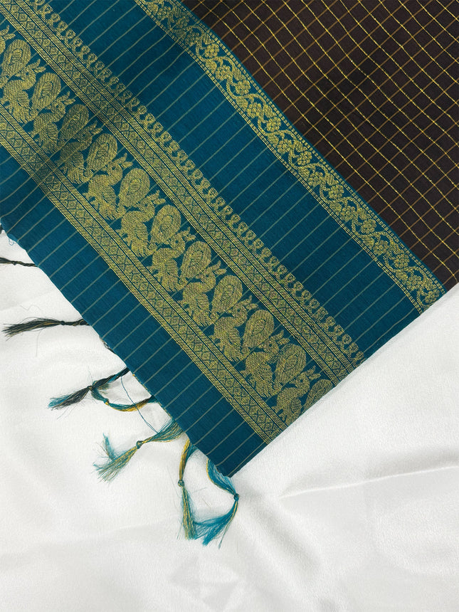 Premium Dark Chocolate Brown &amp; Peacock Blue Kalyani Cotton Saree