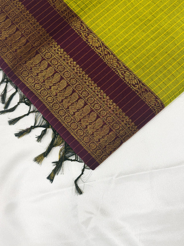 Premium Olive Green &amp; Deep Wine Kalyani Cotton Saree