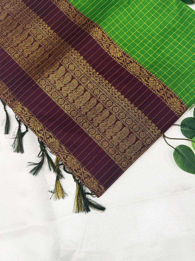 Premium Leaf Green &amp; Deep Plum Kalyani Cotton Saree
