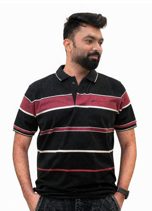 Men's Black & Burgundy Striped Ribbed Polo T-Shirt