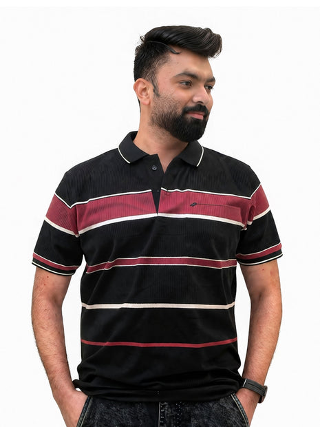 Men's Black & Burgundy Striped Ribbed Polo T-Shirt