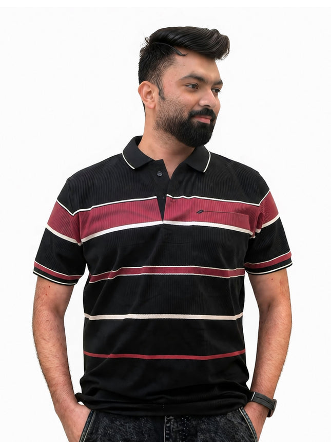 Men's Black & Burgundy Striped Ribbed Polo T-Shirt