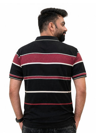 Men's Black & Burgundy Striped Ribbed Polo T-Shirt