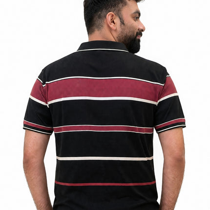 Men's Black & Burgundy Striped Ribbed Polo T-Shirt