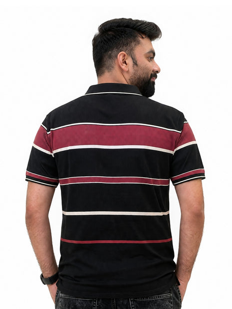 Men's Black & Burgundy Striped Ribbed Polo T-Shirt