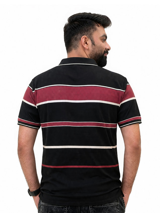 Men's Black & Burgundy Striped Ribbed Polo T-Shirt
