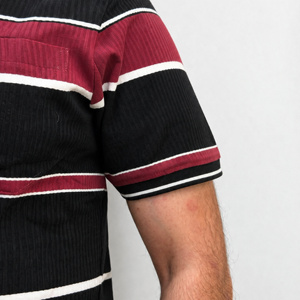 Men's Black & Burgundy Striped Ribbed Polo T-Shirt