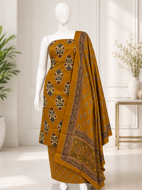 Mustard Yellow Printed Cotton Churidar Material Set