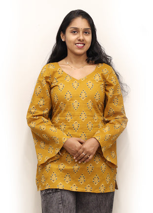 Mustard Yellow Cotton Ethnic Leaf Block Print Short Kurti