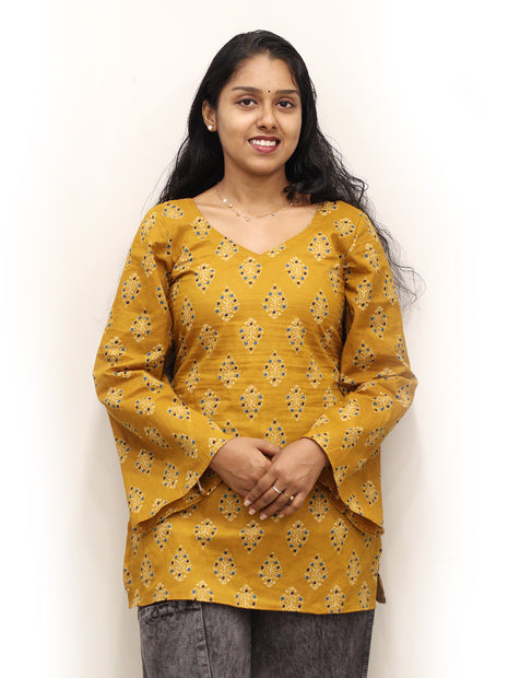 Mustard Yellow Cotton Ethnic Leaf Block Print Short Kurti