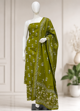 Olive Green Floral Printed Cotton Suit Set