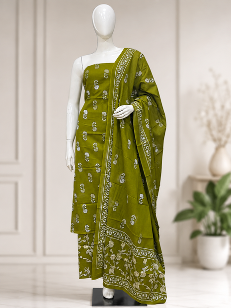 Olive Green Floral Printed Cotton Suit Set