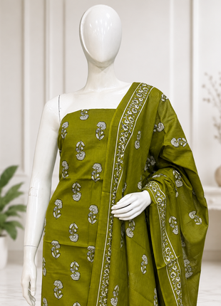 Olive Green Floral Printed Cotton Suit Set