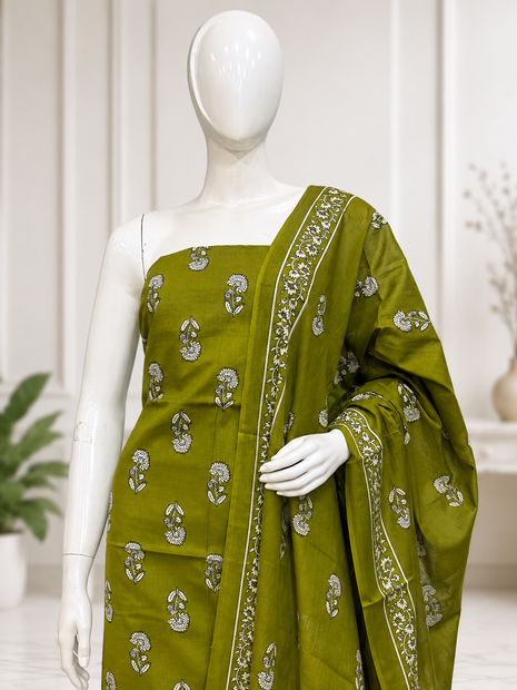 Olive Green Floral Printed Cotton Suit Set