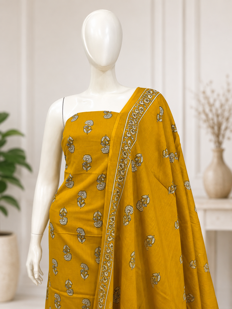 Mustard Yellow Floral Printed Cotton Suit Set