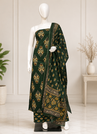 Bottle Green Floral Printed Cotton Suit Set